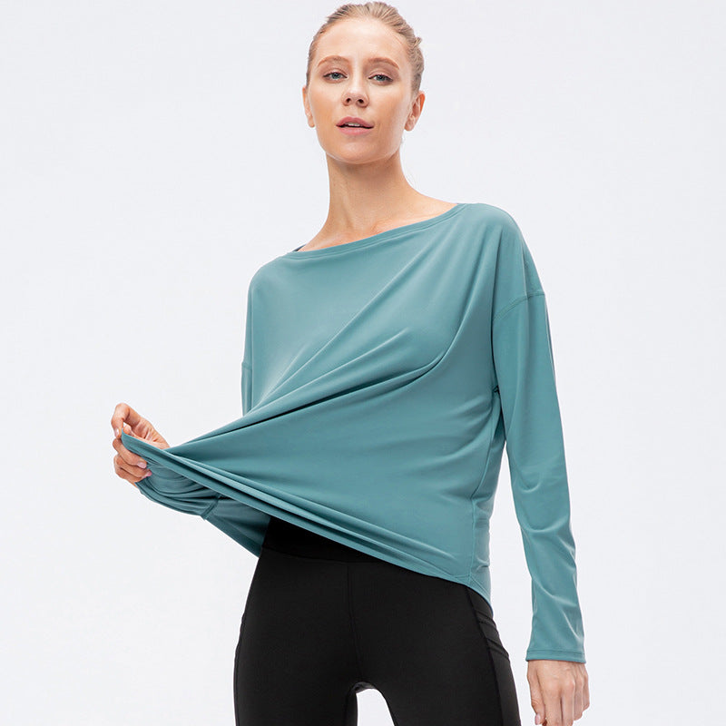 Women's Autumn Winter New off-Neck Sports Long Sleeve T Shirts Loose Nylon Nude Feel Yoga Clothes Workout Running Top