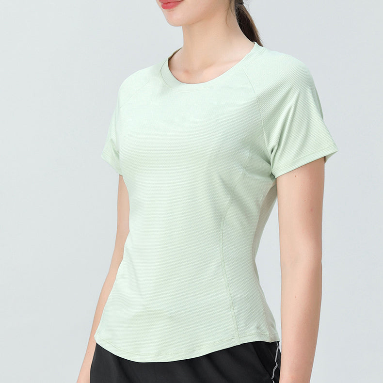 Women's Slim-Fit Yoga Wear Short Sleeve round Neck Exercise T-shirt Mesh Breathable High Elastic Quick-Drying Running Workout