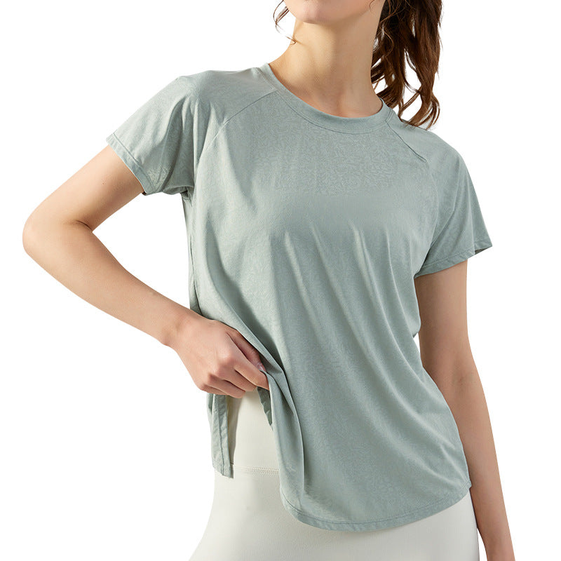 SpringSummer Jacquard Split Hollow Yoga Blouse Women's Lightweight Quick-Drying Short-Sleeved T-shirt Loose Breathable Yoga Top