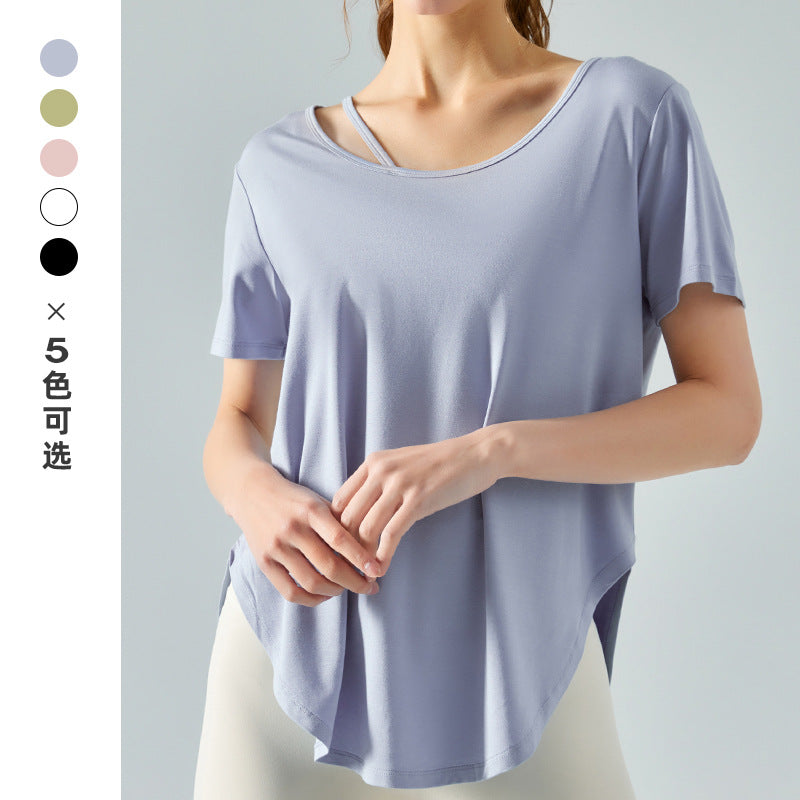 Loose Yoga Short Sleeve Skin-Friendly Quick-Drying Exercise Top Long Circular Lower Hem Thin Breathable Fitness T-shirt