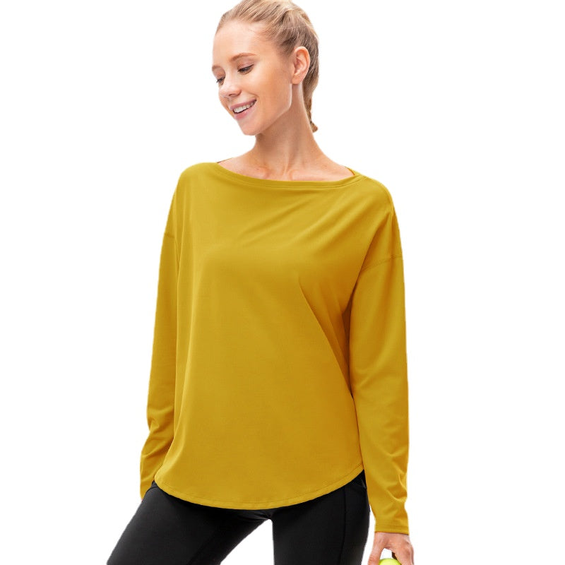 Women's Autumn Winter New off-Neck Sports Long Sleeve T Shirts Loose Nylon Nude Feel Yoga Clothes Workout Running Top