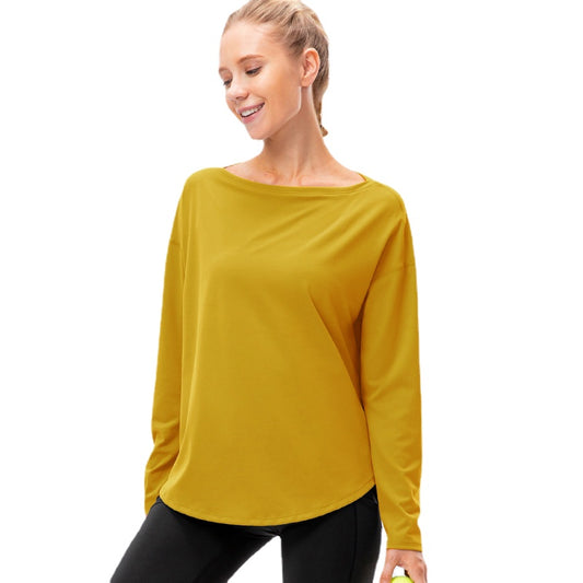 Women's Autumn Winter New off-Neck Sports Long Sleeve T Shirts Loose Nylon Nude Feel Yoga Clothes Workout Running Top