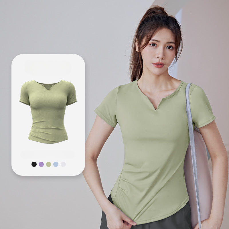 Summer V-neck Women's Quick-Dryin Waist Tight Loose Running Workout Slimming Yoga Clothes Short-Sleeved Sports T-shirt