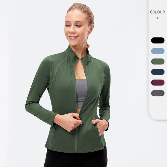 Women's Autumn Winter Zipper Long-Sleeved Sports Jacket Tight Fitness Yoga Clothes Stretch Quick-Drying Running Top