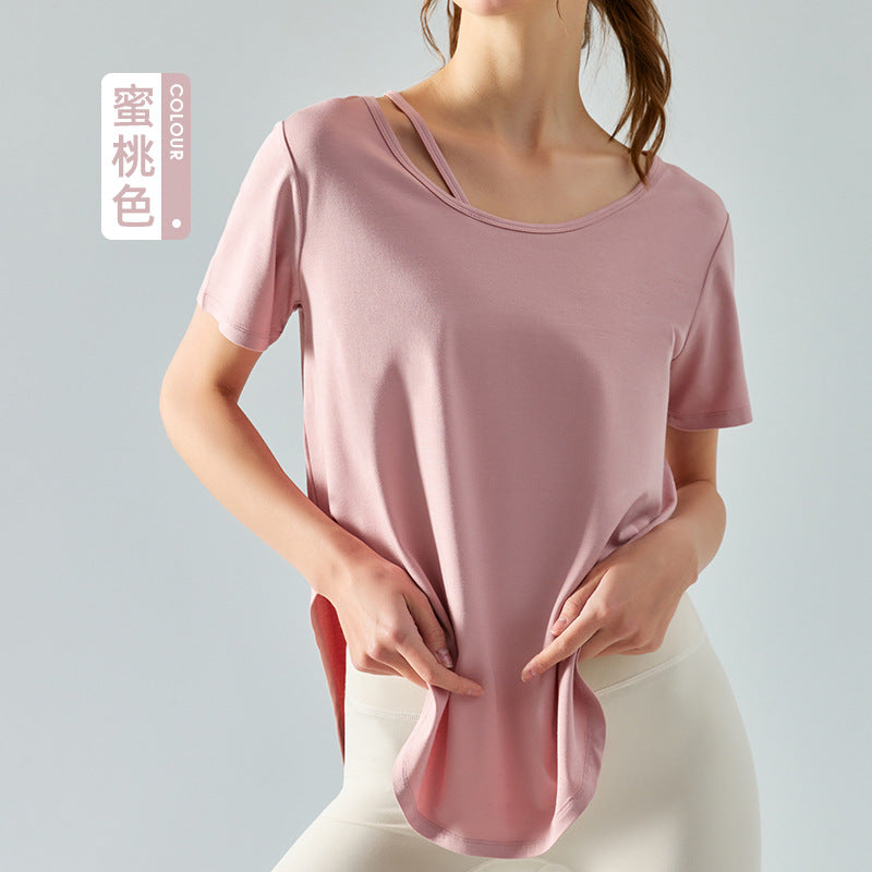 Loose Yoga Short Sleeve Skin-Friendly Quick-Drying Exercise Top Long Circular Lower Hem Thin Breathable Fitness T-shirt