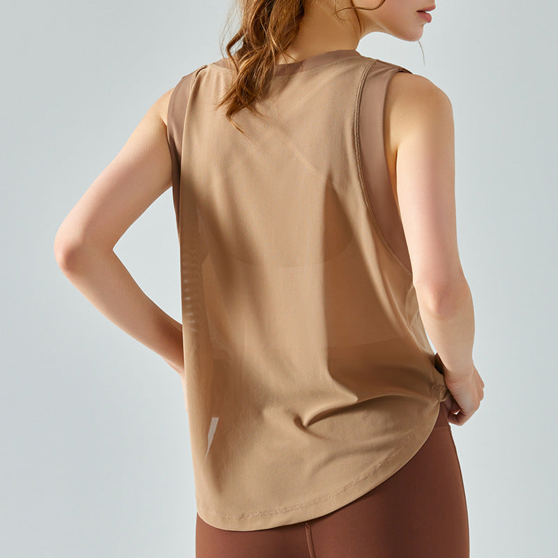 Spring Summer New Mesh Stitching Yoga Vest Women's Loose Sports Thin Section Breathable Quick-Drying Blouse Workout Clothes Top