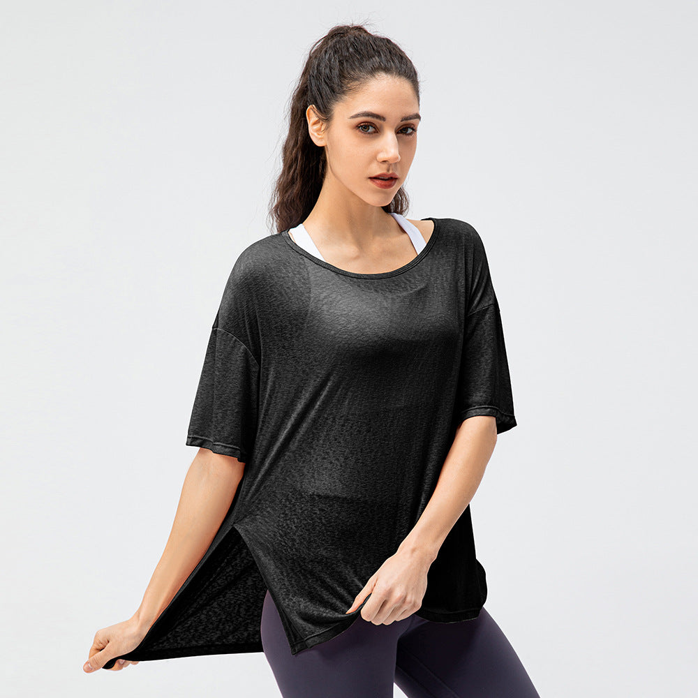 Spring Summer New Women's Sports Blouse Lightweight Breathable Running Loose Short Sleeve Split Quick-Drying Yoga T Shirts