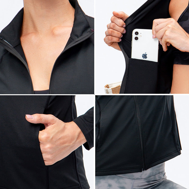 Women's Autumn Winter Zipper Long-Sleeved Sports Jacket Tight Fitness Yoga Clothes Stretch Quick-Drying Running Top
