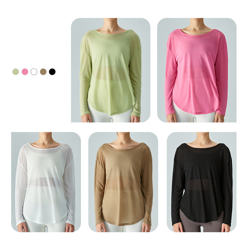 Ningbo Big Tree Beauty Back Yoga Clothes Blouse Long Sleeve Loose Mesh Ultra-Thin Quick-Drying Workout Top Blouse Solid Color