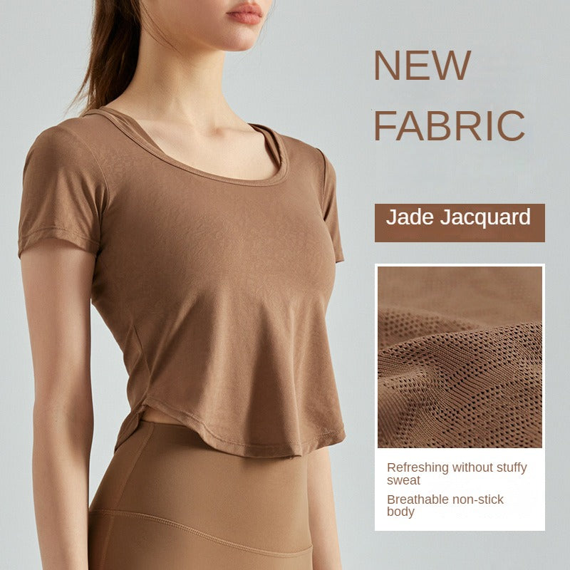 Jacquard Hollow-out Yoga Short Sleeve Sports Top Women's Short Breathable Quick-Drying T-shirt Yoga Workout Clothes