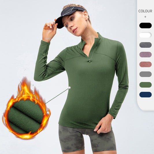 Women's Autumn Winter Velvet Sport Long Sleeve High Elastic Tight Running Training Fitness Yoga Wear Stand Collar Sweater