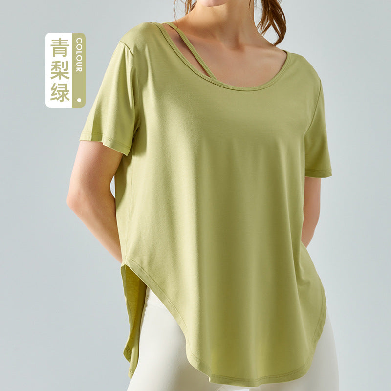 Loose Yoga Short Sleeve Skin-Friendly Quick-Drying Exercise Top Long Circular Lower Hem Thin Breathable Fitness T-shirt