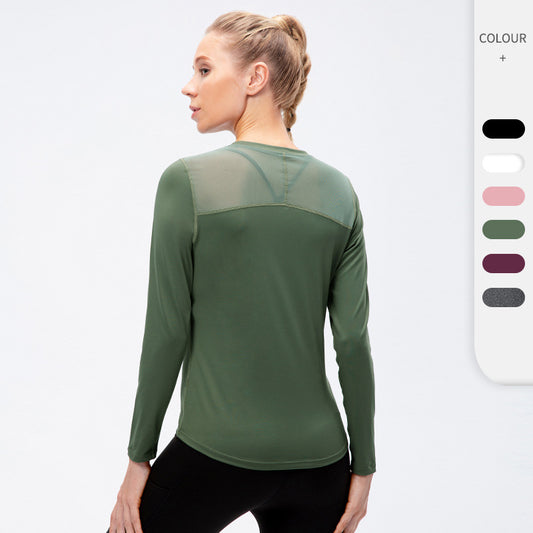 Women's Autumn Winter Yoga Sports Long Sleeve Quick-Drying Breathable Mesh Stitching Elastic Running Exercise Workout T Shirts