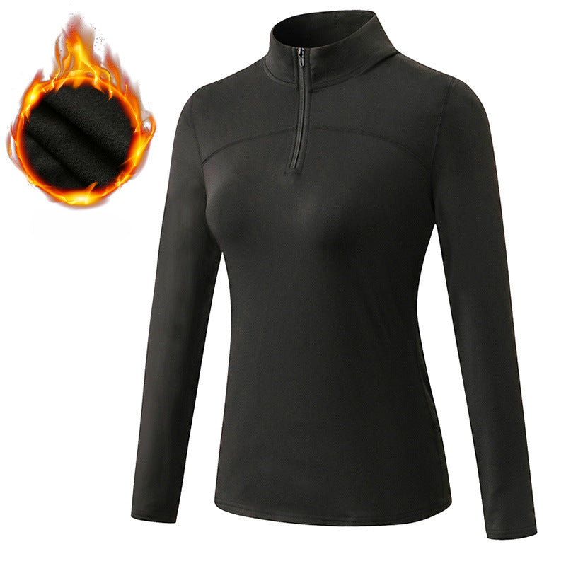 Women's Autumn Winter Velvet Sport Long Sleeve High Elastic Tight Running Training Fitness Yoga Wear Stand Collar Sweater