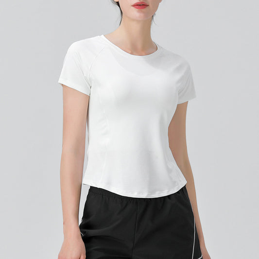 Women's Slim-Fit Yoga Wear Short Sleeve round Neck Exercise T-shirt Mesh Breathable High Elastic Quick-Drying Running Workout
