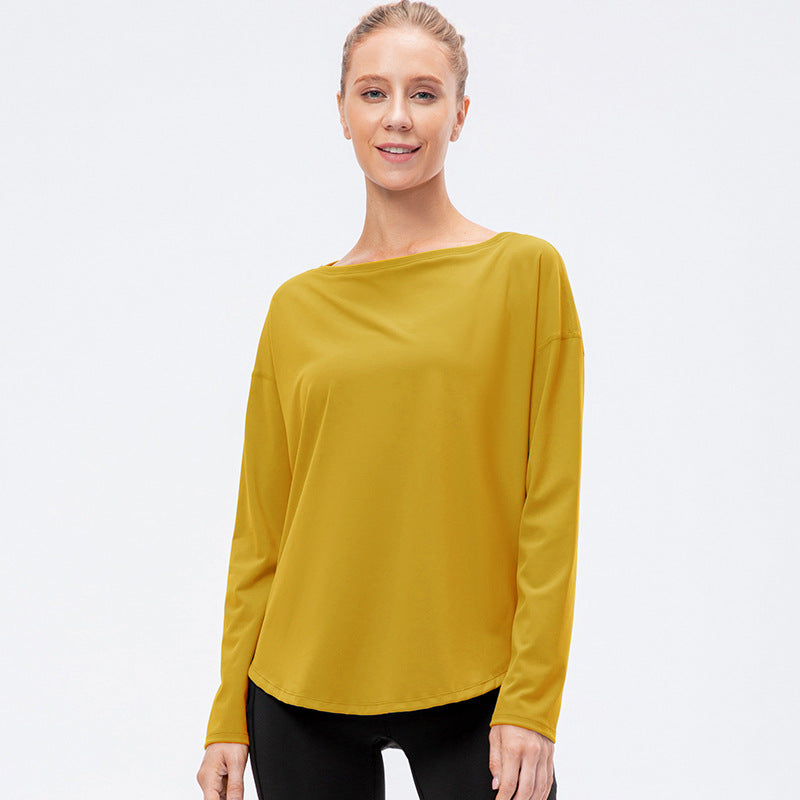 Women's Autumn Winter New off-Neck Sports Long Sleeve T Shirts Loose Nylon Nude Feel Yoga Clothes Workout Running Top